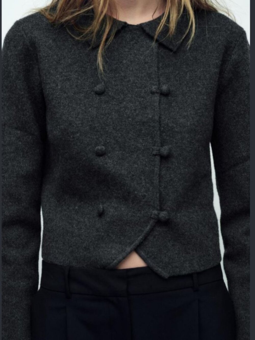ZARA Charcoal Grey Collared Knit Cardigan Covered Buttons Size L NWT